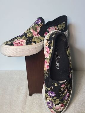 Black Floral Slip-On Flats with Pink & Purple Roses